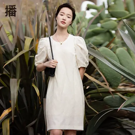 播连衣裙女2023夏新款U型领提花收腰修身灯笼袖A字裙五分袖中长裙图片