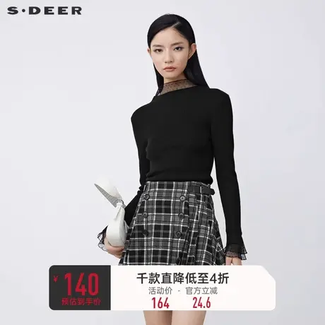 sdeer圣迪奥冬装木耳边圆领网纱拼接修身针织衫S21483540🖥图片