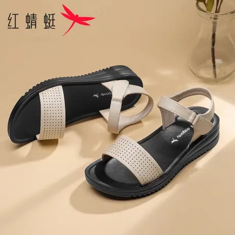 红蜻蜓女鞋2025夏季防滑平底休闲凉鞋真皮魔术贴软底中老年妈妈鞋商品大图