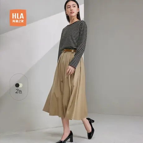 HLA/海澜之家圆领长袖条纹透气T恤春夏季新款微弹直筒黑色长t女装商品大图
