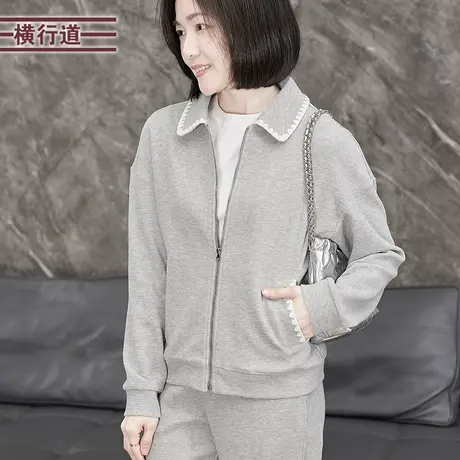 短款华夫格开衫外套翻领长袖撞色长袖上衣服口袋拉链宽松女装春装图片