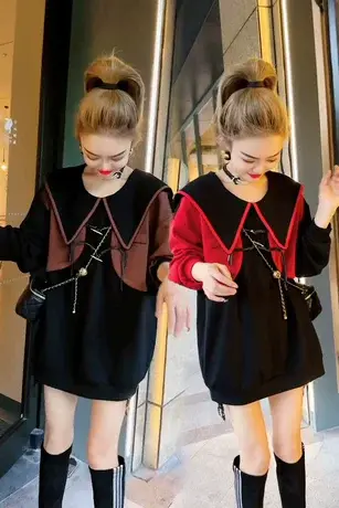 娃娃领卫衣连衣裙女春秋新款韩版气质宽松显瘦拼接小个子长袖上衣商品大图