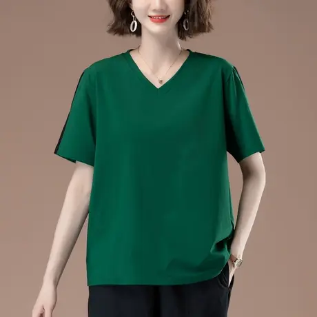 v领短袖T恤女夏季加大码女装宽松中年妈妈休闲百搭纯棉显瘦体恤衫商品大图