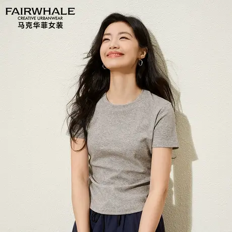 马克华菲女装圆领短袖T恤女高腰修身纯棉打底衫圆领百搭上衣夏季图片