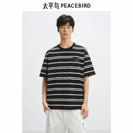 太平鸟男装美式复古短袖T恤25夏新款青年条纹体恤衫圆领时尚半袖图片