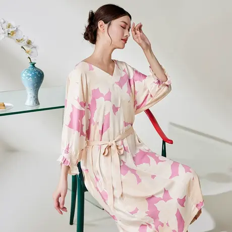 秋鹿莫代尔贡缎睡衣女夏薄款新中式国风印花冰丝七分袖家居服睡裙商品大图