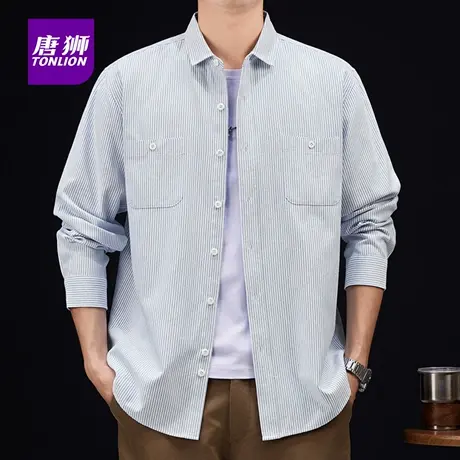 唐狮秋季薄款条纹长袖翻领衬衫男士商务休闲多口袋外套上衣服潮AP图片