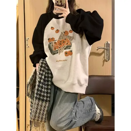 美式复古插肩袖卫衣女秋冬加绒加厚宽松慵懒风设计感上衣潮牌外套图片