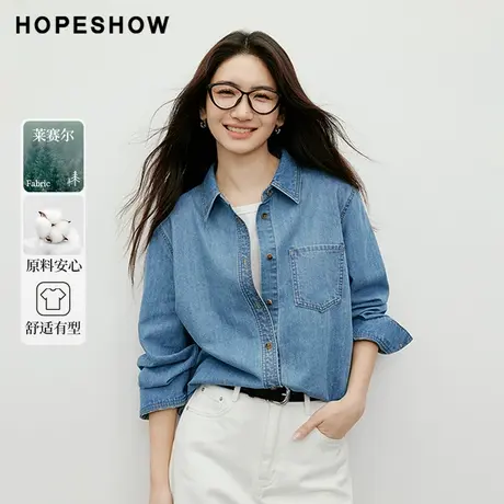 红袖2025秋季新款女装 不对称单排扣落肩长袖翻领一手长牛仔外套商品大图