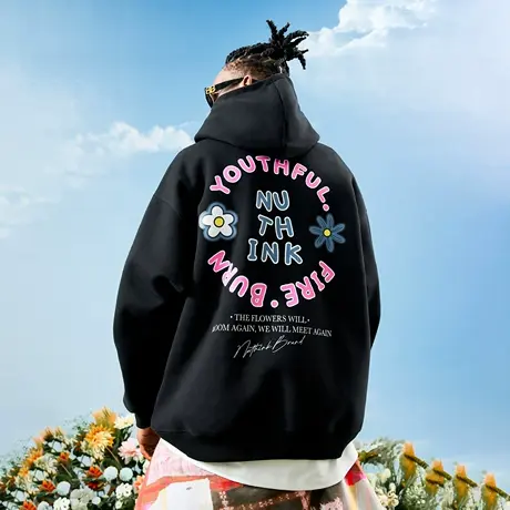 Nuthink美式潮牌卡通字母花朵印花连帽卫衣重磅宽松2025秋季新款商品大图