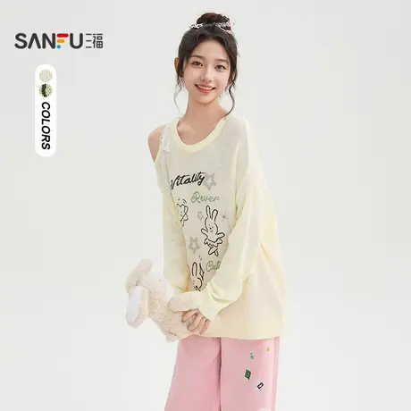 三福毛衣2025秋季蕾丝绑带肩带可爱印花宽松上衣女装507470商品大图