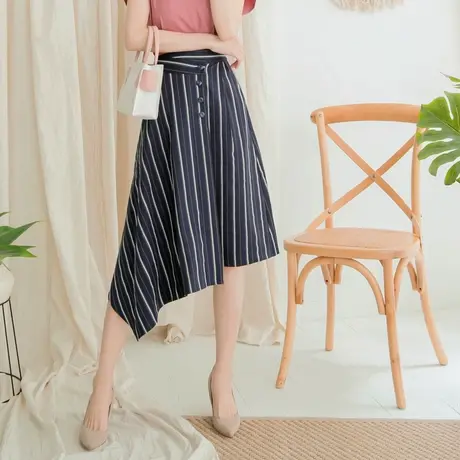 桔熊夏季通勤OL风知性条纹不规则下摆飘逸中长裙子女大码CA2370图片