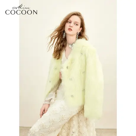 missCOCOON千金玛德琳奶油黄2023冬装新款女落肩皮毛一体皮草女图片