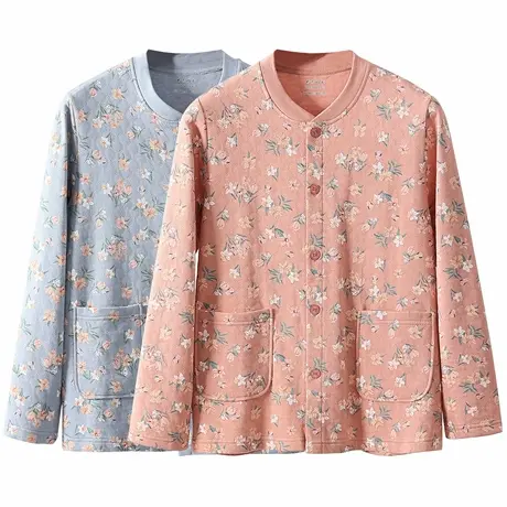 中老年人女士纯棉开衫秋衣秋裤套装妈妈开襟家居服针织大码棉毛衫商品大图