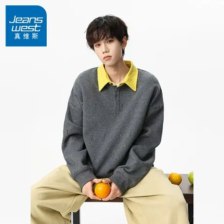 N5真维斯男士翻领卫衣2025新款秋季美式潮牌撞色宽松男生春秋上衣商品大图