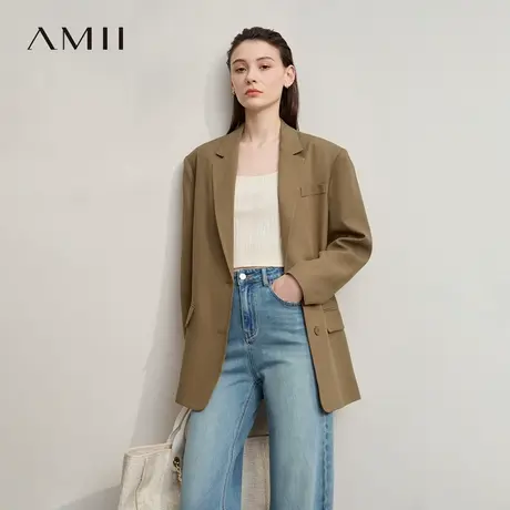 Amii2025秋新款通勤职业风宽松中长翻驳领莱赛尔亚麻混纺西装女商品大图