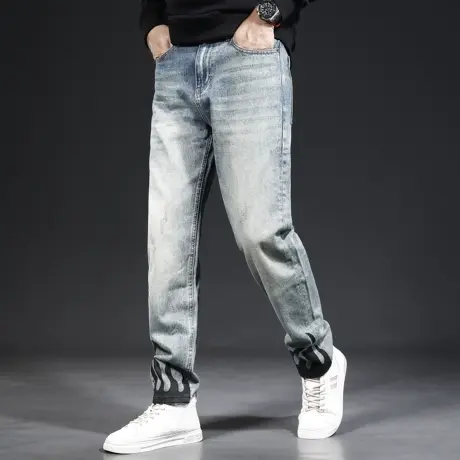 做旧复古牛仔裤男高端潮牌宽松直筒美式休闲痞帅印花男士裤子秋季图片