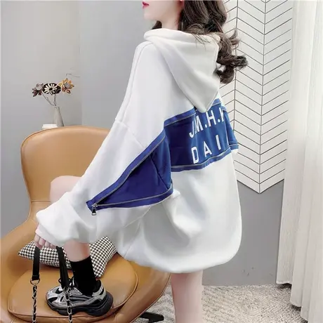 网红拉链连帽加绒加厚卫衣女宽松慵懒风设计感外套上衣冬2021新款商品大图