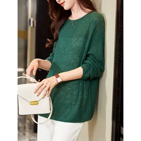 宝诗黎2023早秋新款圆领亮片长袖针织衫女薄款宽松套头打底毛衣潮商品大图