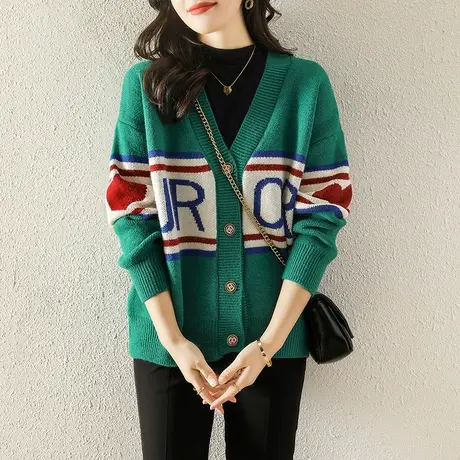2023年秋装新款洋气针织衫女开衫宽松毛衣外套慵懒风女装拼色外搭图片