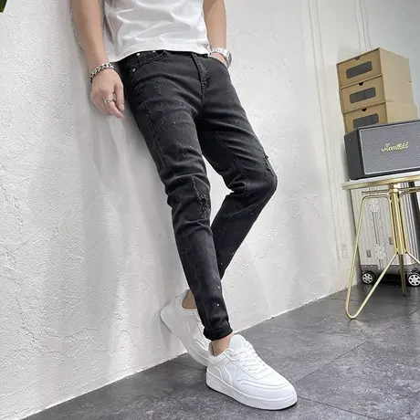 2023秋冬新款泼墨破洞修身小脚牛仔裤男潮修身个性铅笔裤百搭长裤商品大图