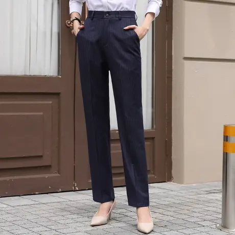 职业西裤女藏青色条纹直筒西装裤春秋上班通勤正装面试工作服显瘦商品大图