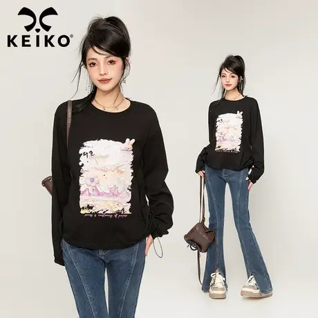 KEIKO [立体扎花] 印花黑色长袖t恤甜酷风抽皱收腰显瘦上衣打底衫图片