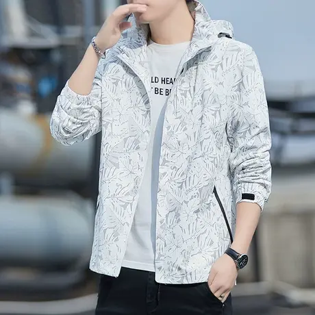 可拆卸连帽外套男ins潮碎叶纹2023春秋季新款防风修身夹克上衣服商品大图