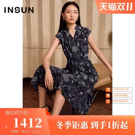 恩裳夏季立体印花高腰线流行压褶时尚通勤连衣裙图片