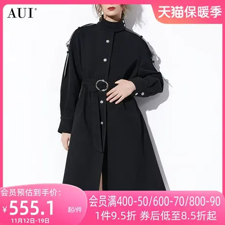 AUI黑色御姐中长款过膝毛呢外套女2023冬新款立领修身呢子大衣厚商品大图