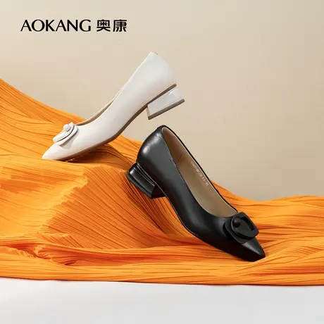 奥康女鞋 春秋季新款低跟单鞋真皮尖头平底通勤简约一脚蹬单鞋商品大图