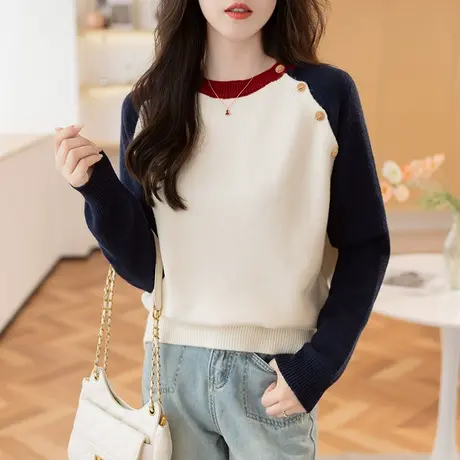 23077新款韩版宽松女士毛衣打底衫套头针织衫圆领长袖百搭上衣商品大图