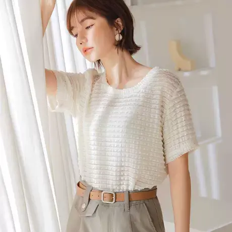 桔熊夏季通勤小衫微透立体纹理圆领短袖纯色上衣女装大码AB17476商品大图