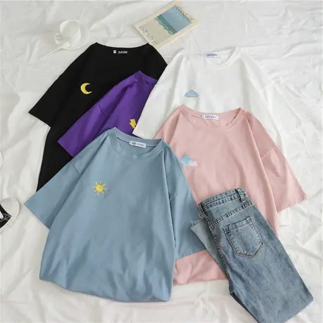 短袖t恤女夏季学生韩版宽松圆领洋气刺绣百搭原宿风上衣潮流女装图片