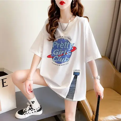 短袖t恤女夏季韩版宽松大码女装中长款百搭休闲不规则开叉上衣服商品大图