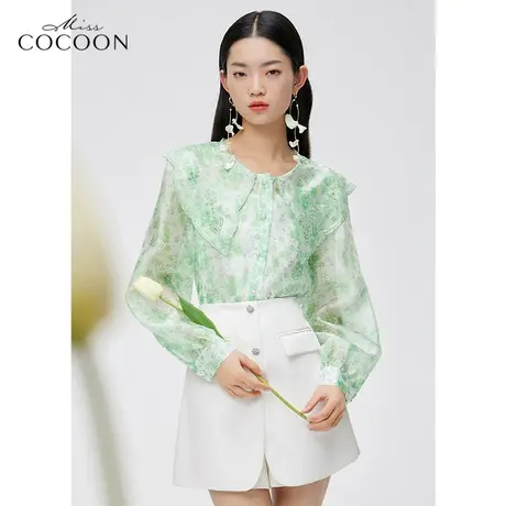 MISSCOCOON法式娃娃领衬衫女2023新款春季长袖减龄设计感碎花上衣商品大图