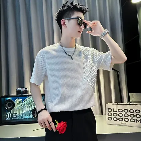 夏季男士t恤短袖半袖宽松潮流圆领设计感拼接重磅网红潮牌体恤商品大图