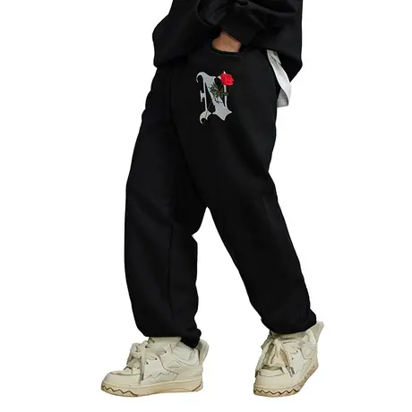 Nuthink春季加绒男裤加厚运动长裤美式卫裤刺绣玫瑰束脚裤男裤子商品大图