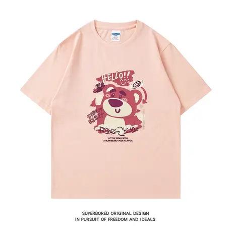 潮牌趣味复古小熊印花短袖t恤男夏季ins港风纯棉宽松休闲半袖体恤商品大图