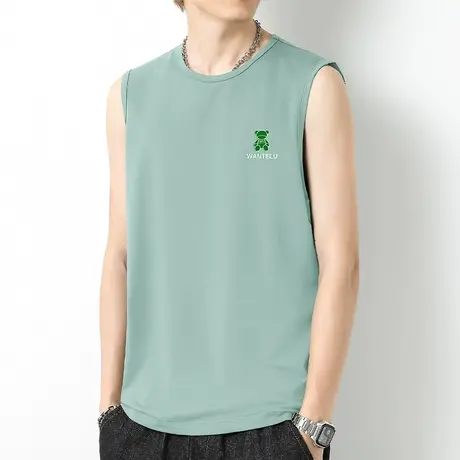 莫代尔背心男夏季运动健身跨栏冰丝速干坎肩小熊印花宽肩无袖t恤商品大图