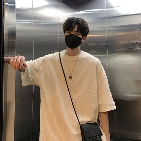 破洞做旧纯色短袖t恤男夏季ins港风潮流复古2023新款嘻哈宽松上衣商品大图