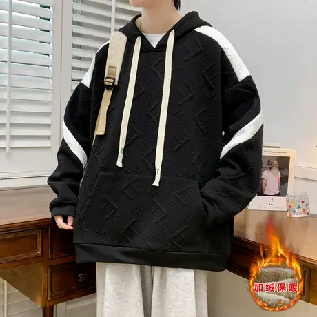 连帽加绒卫衣男款秋冬季加厚保暖套头打底衫潮牌拼接提花长袖外套商品大图