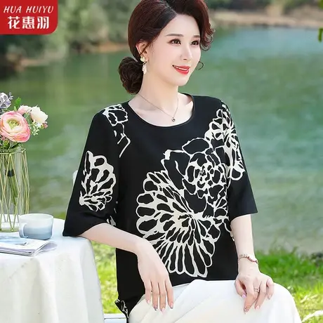 时尚妈妈夏装洋气上衣中年女宽松雪纺小衫40岁50中老年夏季T恤女图片
