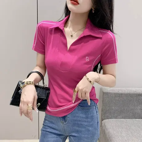 气质POLO领短袖T恤女夏季2023新款洋气网红上衣百搭修身半袖小衫商品大图