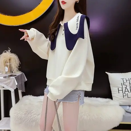 春秋薄款娃娃领卫衣女2024新款早春季时尚洋气减龄宽松设计感上衣图片