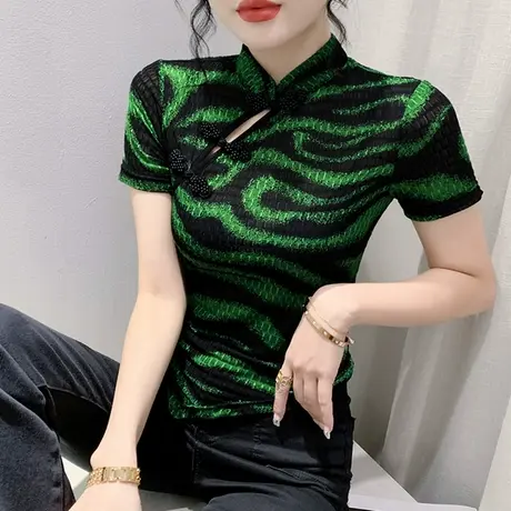 时尚立领盘扣短袖T恤女士复古气质小衫夏季网纱上衣设计感小众ins图片