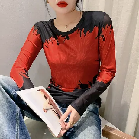 气质圆领雪纺衫女长袖2024初秋新款时尚印花上衣内搭网纱打底衫潮图片