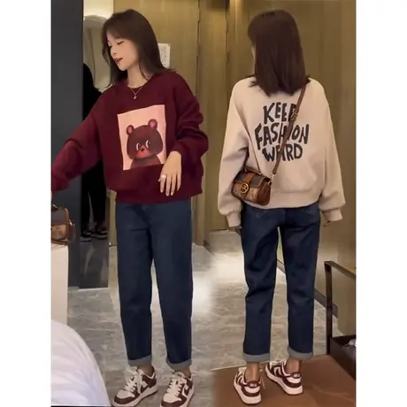 网红时尚小个子卫衣女宽松设计感小众减龄复古卡通小熊印花上衣潮图片