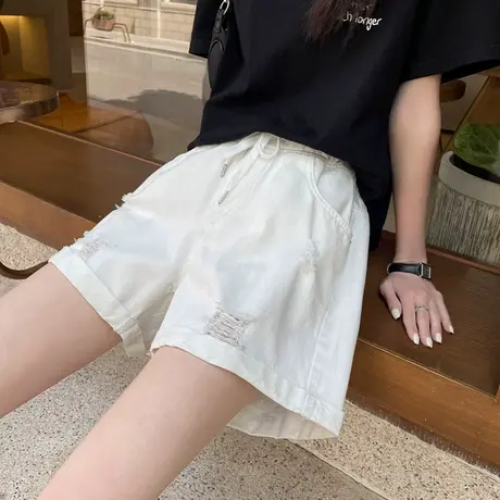 破洞白色牛仔短裤女夏季2023新款松紧腰外穿百搭宽松薄款阔腿热裤图片
