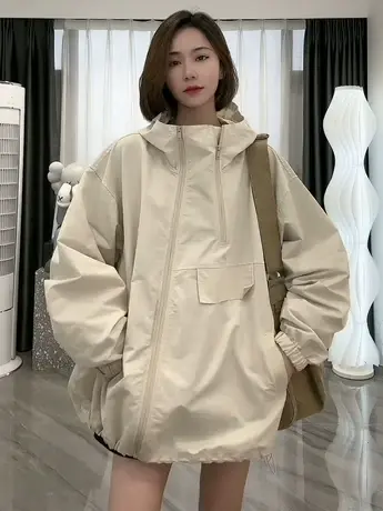 欧货连帽冲锋衣女春秋新款韩版百搭休闲宽松小个子双斜拉链短外套图片